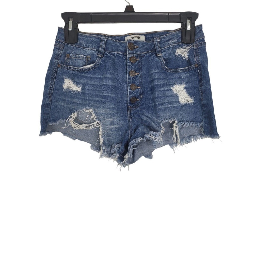Refuge Button Fly Raw Hem Booty Shorts 10 Womens Distressed High Cut Med Wash